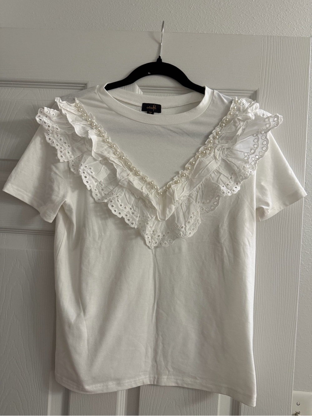 OnTwelfth Ruffle Beaded Short Sleeve Blouse Top M